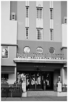 Entrance of Park Central Hotel in Art Deco architecture, Miami Beach. Florida, USA (black and white)