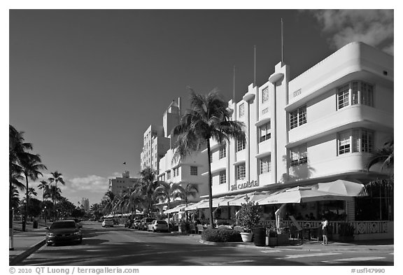 Beachfront street and hotels, South beach, Miami Beach. Florida, USA (black and white)