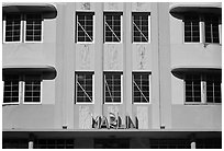 Detail of Art Deco Facade, Miami Beach. Florida, USA (black and white)
