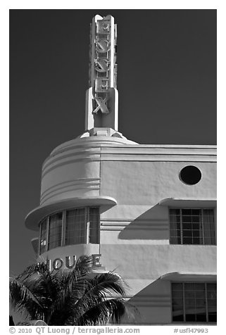 Deco-style spire on top of Essex hotel, Miami Beach. Florida, USA (black and white)