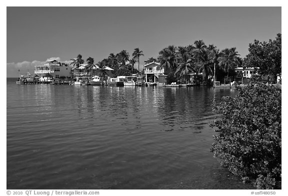 Conch cottages lining edge of Florida Bay, Conch Key. The Keys, Florida, USA (black and white)