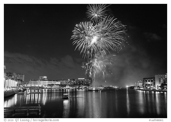 Fireworks over Davis Island, Tampa. Florida, USA (black and white)