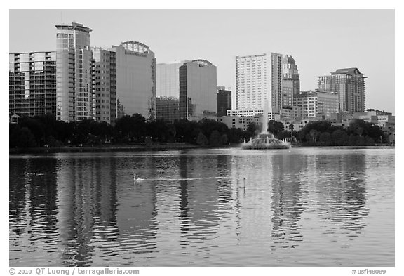 High rise buildings and fountain, lake Eola. Orlando, Florida, USA (black and white)