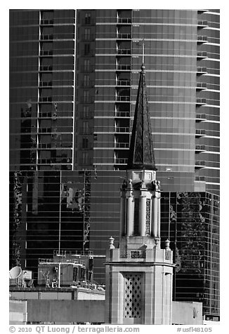 Church bell tower and glass building. Orlando, Florida, USA (black and white)