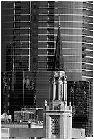 Church bell tower and glass building. Orlando, Florida, USA ( black and white)
