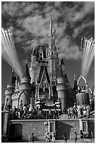 Daytime fireworks and stage show, Cindarella castle. Orlando, Florida, USA (black and white)