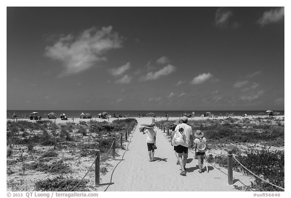 Family walking out to Bowman Beach, Sanibel Island. Florida, USA
