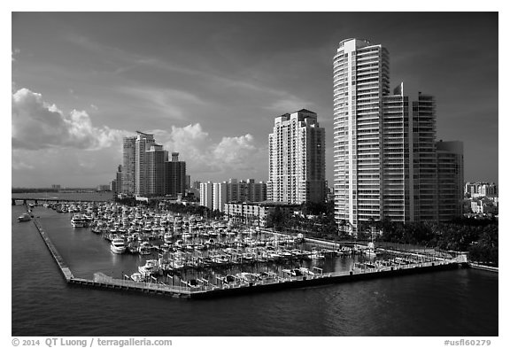 Miami Beach marina and high-rises. Florida, USA (black and white)