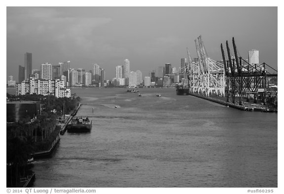 Miami port and skyline at sunrise. Florida, USA (black and white)