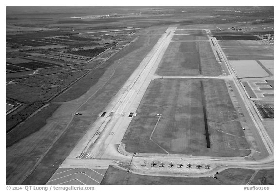 Aerial view of Homestead air force airport with fighter jets parked. Florida, USA (black and white)