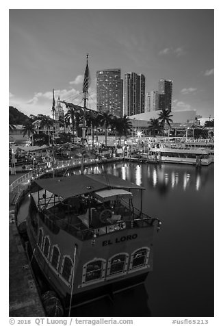 Harbor, Bayside Marketplace, sunset, Miami. Florida, USA (black and white)