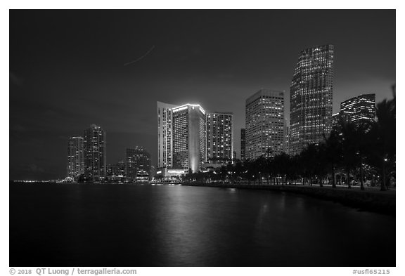 Brickell Skyline at night from Bayfront Park, Miami. Florida, USA (black and white)