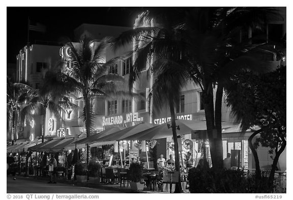 Art Deco hotels and restaurants with facades lit in bright colors, Miami Beach. Florida, USA (black and white)