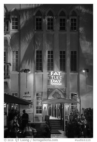 Hotel facade at night, South Beach District, Miami Beach. Florida, USA (black and white)