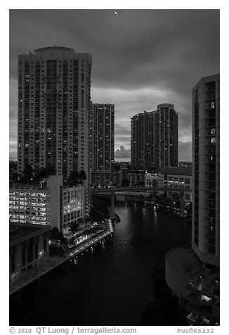 High view of Brickell towers and Miami River at sunset, Miami. Florida, USA (black and white)