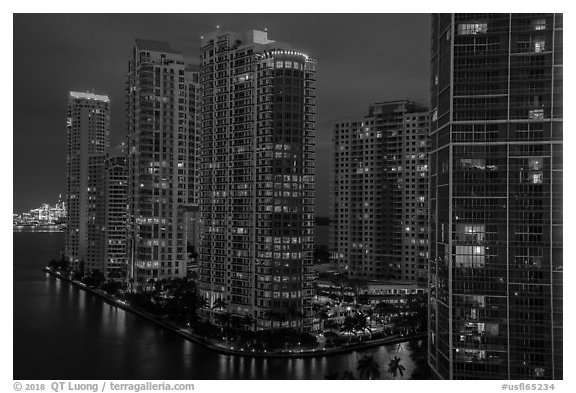 Brickell Key at night, Miami. Florida, USA (black and white)