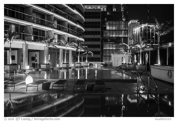 Hotel Epic pool at night, Miami. Florida, USA (black and white)