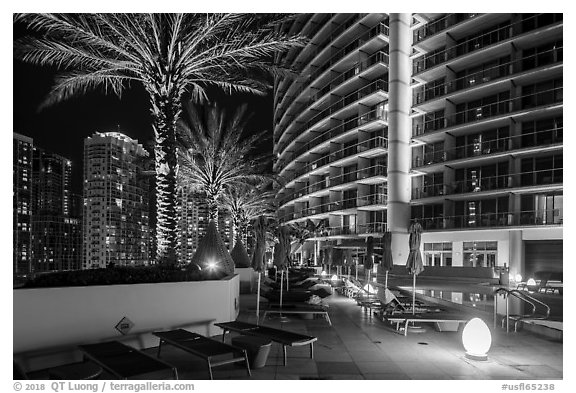 Hotel Epic terrace at night, Miami. Florida, USA (black and white)