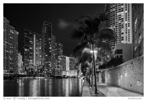 Miami Riverwalk and Miami River at night, Miami. Florida, USA (black and white)
