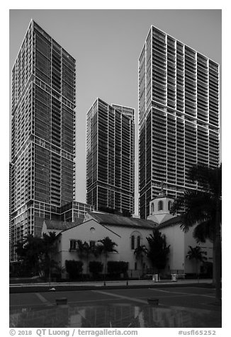 First Presbyterian Church and high rise towers, Miami. Florida, USA (black and white)