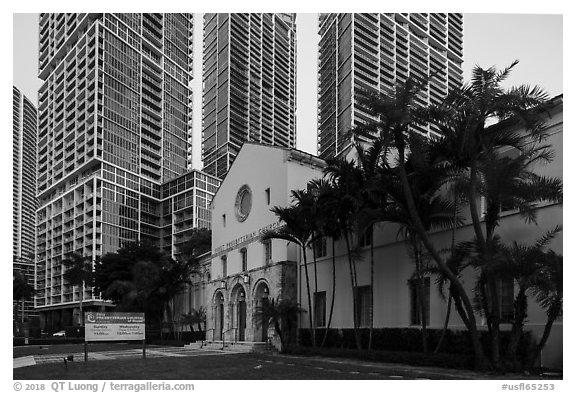 First Miami Presbyterian Church and Viceroy towers, Miami. Florida, USA (black and white)