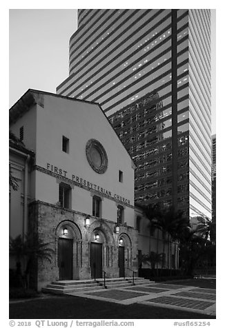 First Miami Presbyterian Church and Bank of America Financial Center, Miami. Florida, USA (black and white)