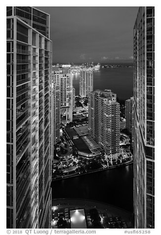 High view of Brickell Point, Brickell Key and Biscayne Bay at night, Miami. Florida, USA (black and white)