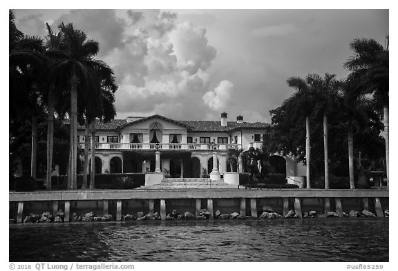 Mansion with waterfront. Coral Gables, Florida, USA (black and white)