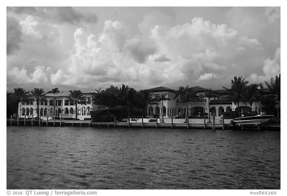 Waterfront mansions. Coral Gables, Florida, USA (black and white)