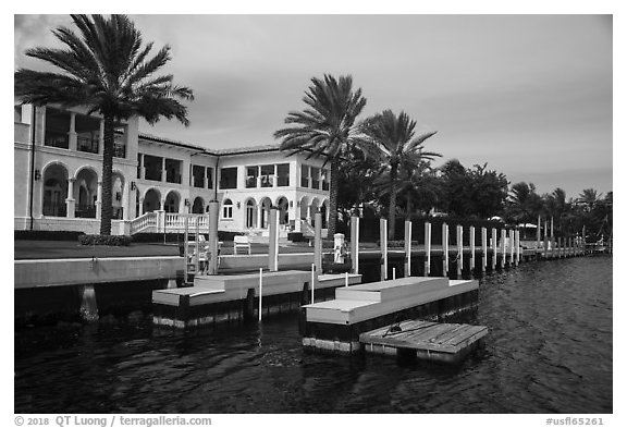 Mansion with boat dock. Coral Gables, Florida, USA (black and white)