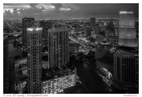 Miami Skyline at dusk with Miami River and Brickell District, Miami. Florida, USA (black and white)