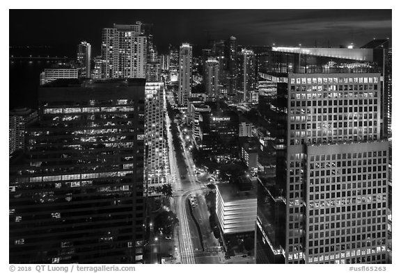 High view of Miami Skyline at night with Brickell Av from Fifty Ultra Lounge, Miami. Florida, USA (black and white)