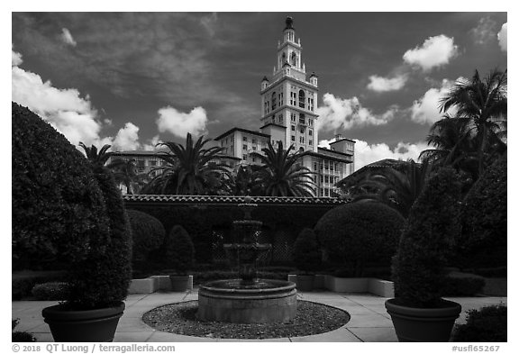 Garden fountain and Biltmore Hotel. Coral Gables, Florida, USA (black and white)