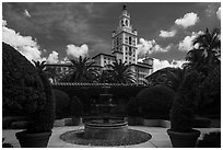 Garden fountain and Biltmore Hotel. Coral Gables, Florida, USA ( black and white)