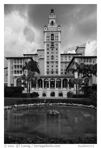 Pond and Miami Biltmore Hotel. Coral Gables, Florida, USA (black and white)