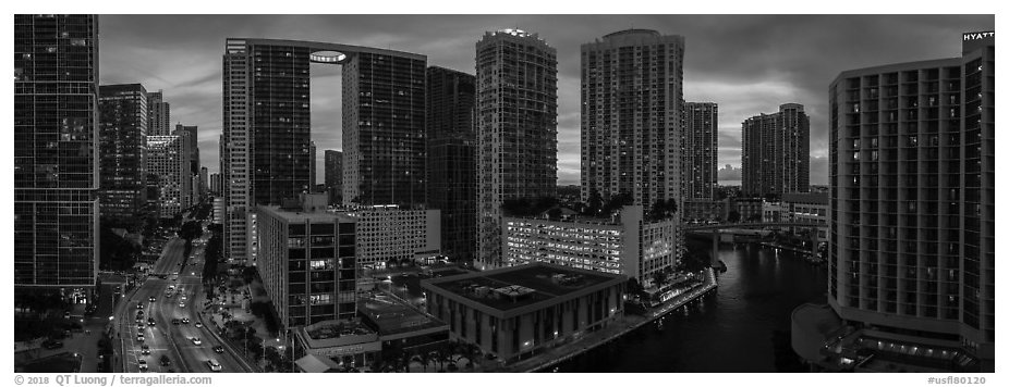 Brickell dowtown skyline at sunset, Miami. Florida, USA (black and white)