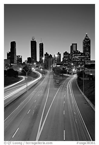 Highway and skyline, dusk. Atlanta, Georgia, USA (black and white)