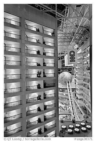 Hotel room balconies inside CNN Center. Atlanta, Georgia, USA (black and white)