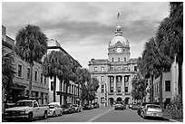 Street and Savannah City Hall. Savannah, Georgia, USA ( black and white)