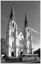 Church and red trolley. Savannah, Georgia, USA (black and white)