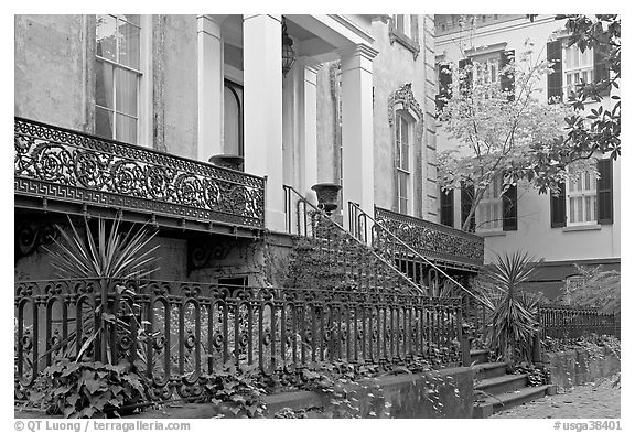 Yard and historic house. Savannah, Georgia, USA (black and white)