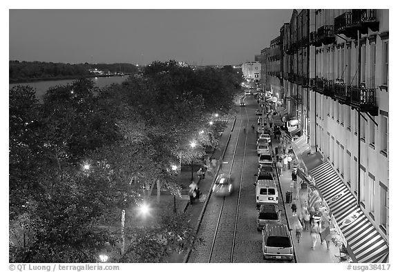 Riverside street at dusk from above. Savannah, Georgia, USA