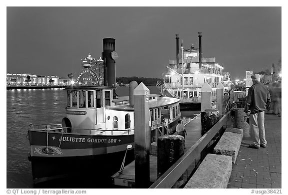 Ferry and riverboat on Savannah River at dusk. Savannah, Georgia, USA (black and white)