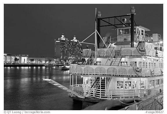 Riverboat and Savannah River at night. Savannah, Georgia, USA (black and white)