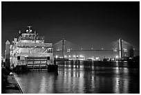 Riverboat, and Savannah Bridge at night. Savannah, Georgia, USA (black and white)