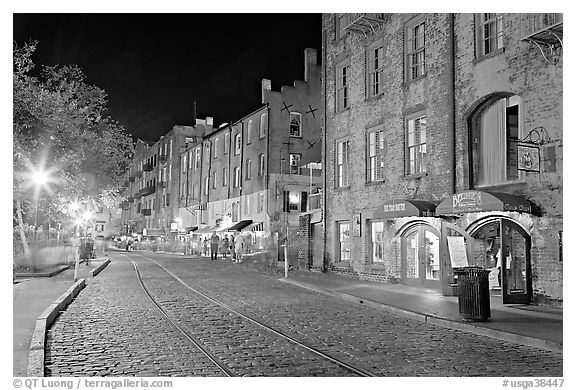 Brick and cobblestone waterside promenade. Savannah, Georgia, USA