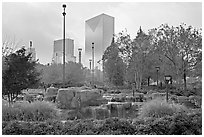 Fall colors and cascades in Centenial Olympic Park with skyline. Atlanta, Georgia, USA ( black and white)