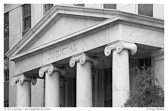 Courthouse entrance with inscription Judicial. Atlanta, Georgia, USA (black and white)