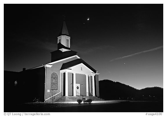 Church and moonrise. Georgia, USA (black and white)