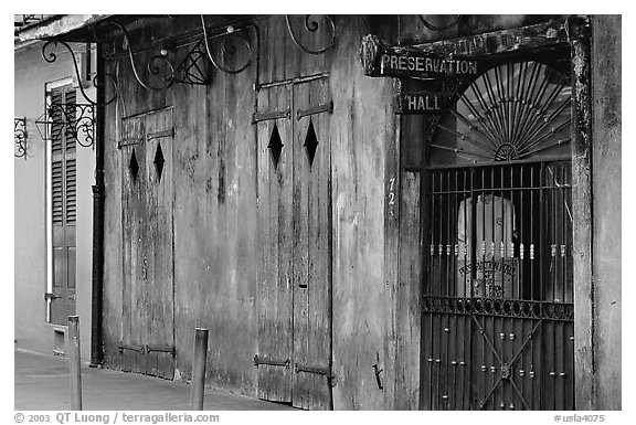 The worned out facade of the Preservation Hall, where some of the best classical jazz can be heard, French Quarter. New Orleans, Louisiana, USA